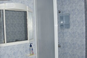 Une salle de bain avec une douche, un miroir et un distributeur de savon placé sur une étagère.