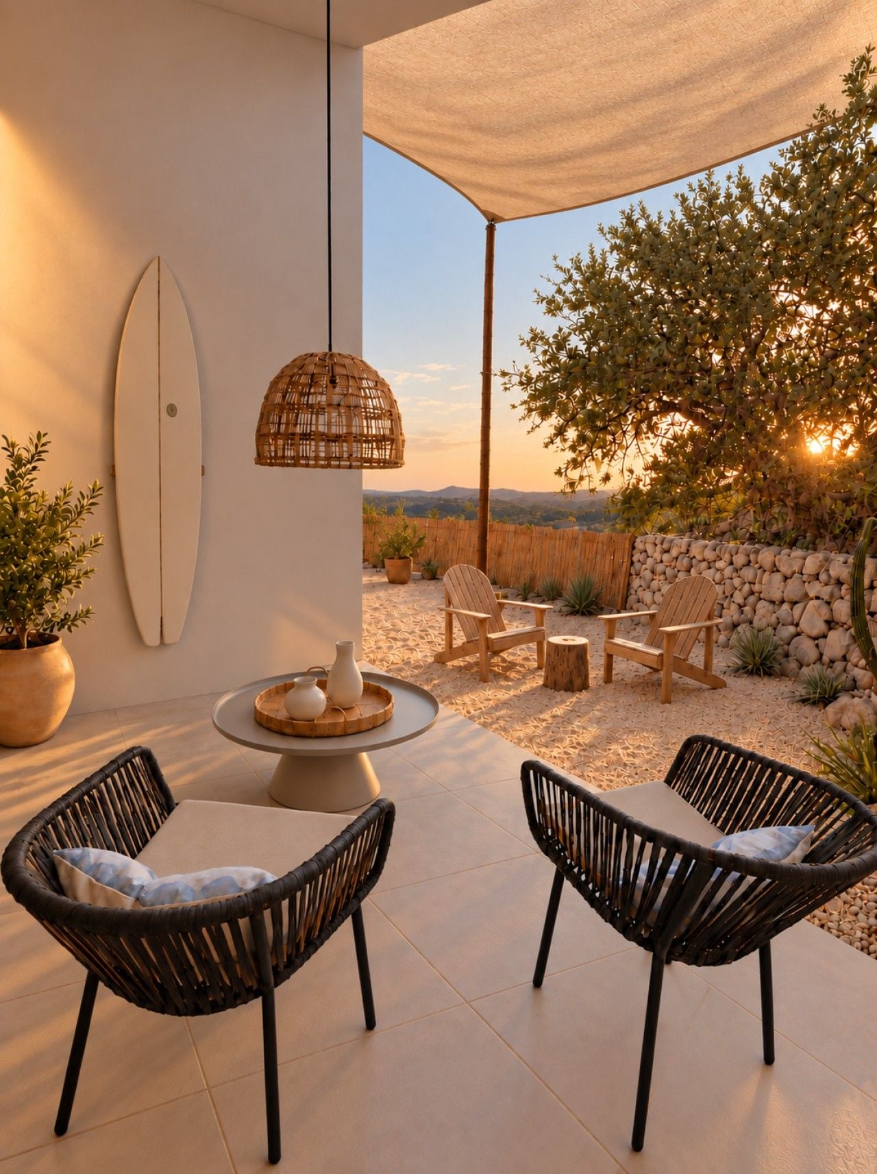 Un espace extérieur aménagé avec des chaises en osier, une table ronde et une décoration murale représentant une planche de surf.