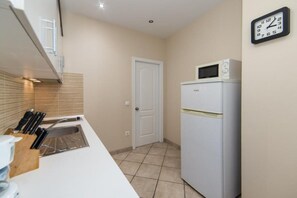 Fridge, microwave, stovetop, dining tables