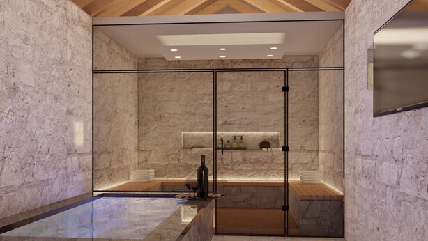 A modern bathroom with a glass-enclosed shower, a marble sink, and a wooden bench. - Villa Marina - Five Bedroom Villa With Pool (Metkovic)