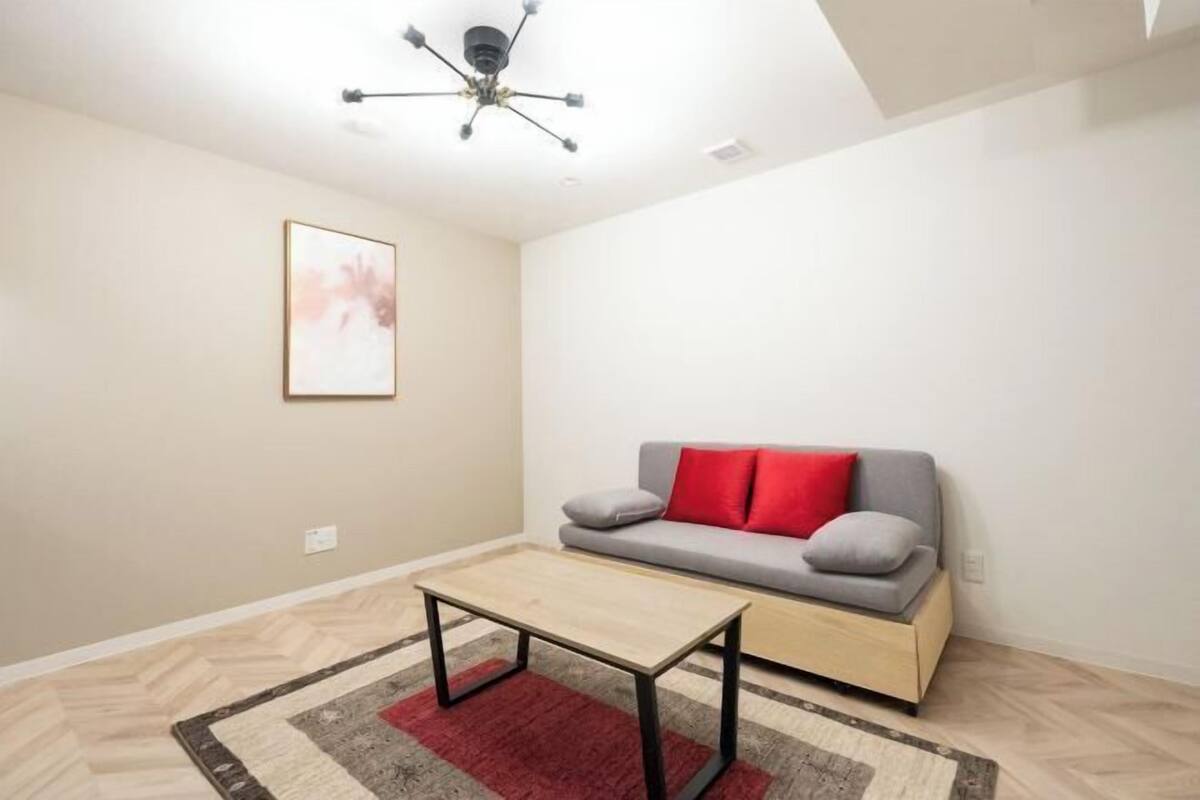 A living room with a sofa, a coffee table, a red cushion, a framed picture on the wall, and a ceiling light fixture.