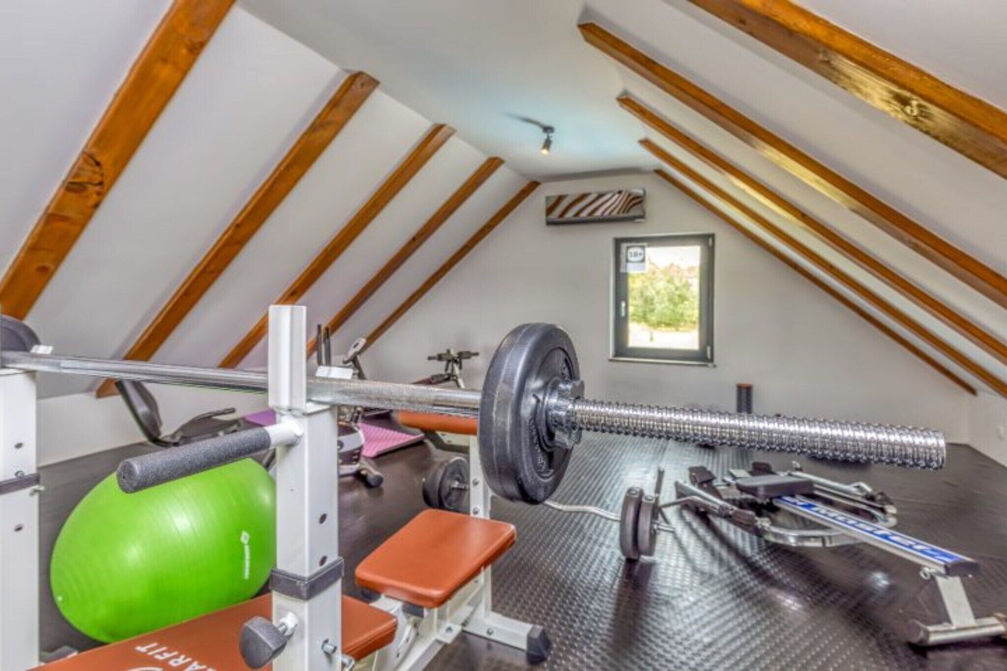 An attic gym with a pull-up bar, weight bench, and exercise ball.