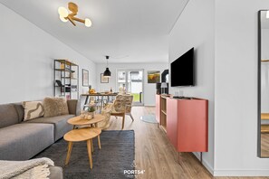 TV, fireplace, books, stereo