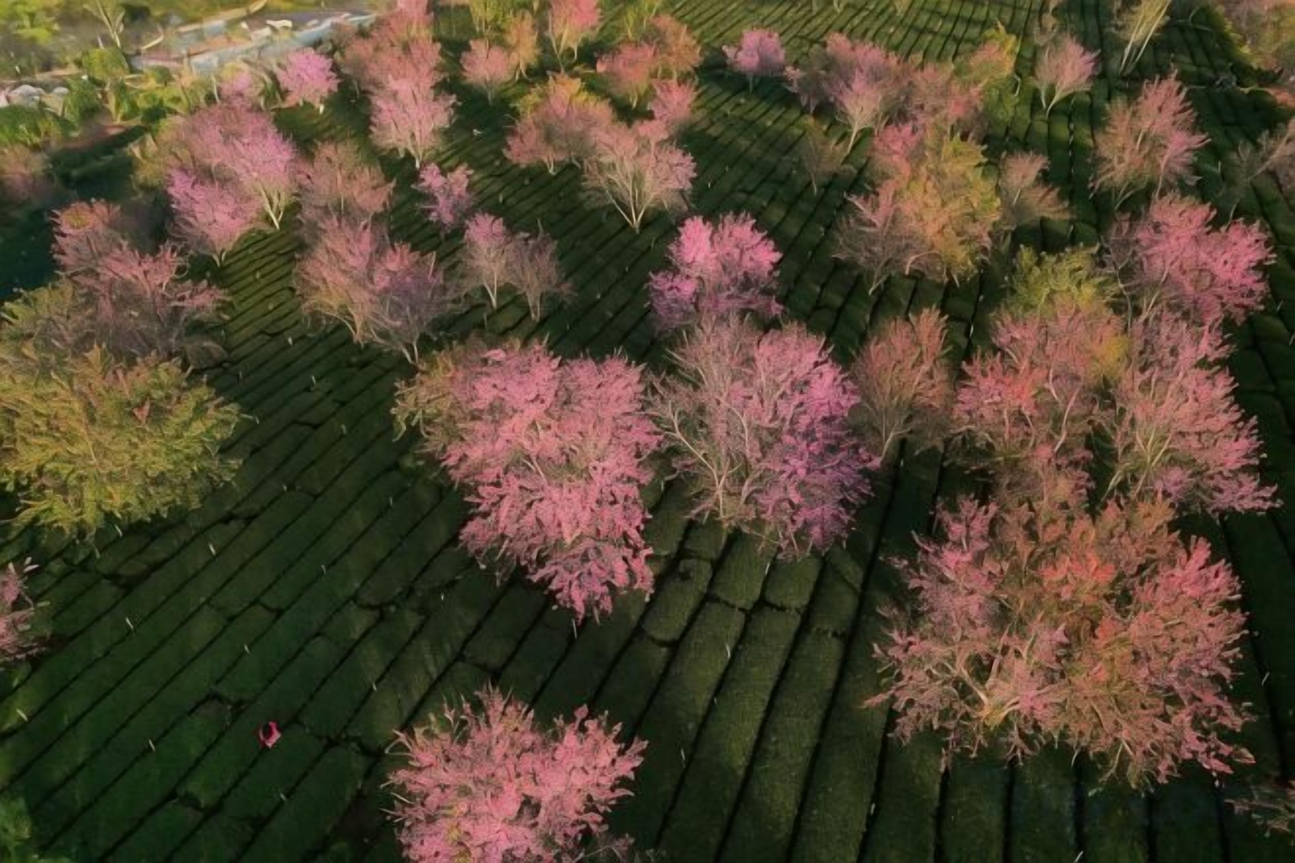 A terraced agricultural field with rows of trees.