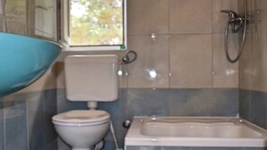 A bathroom with a toilet, a bidet, and a bathtub.