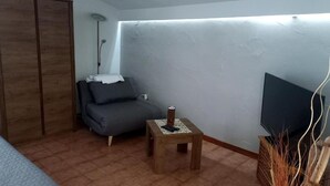 Una habitación pequeña con un sofá gris, una mesita de madera, un televisor y un armario.