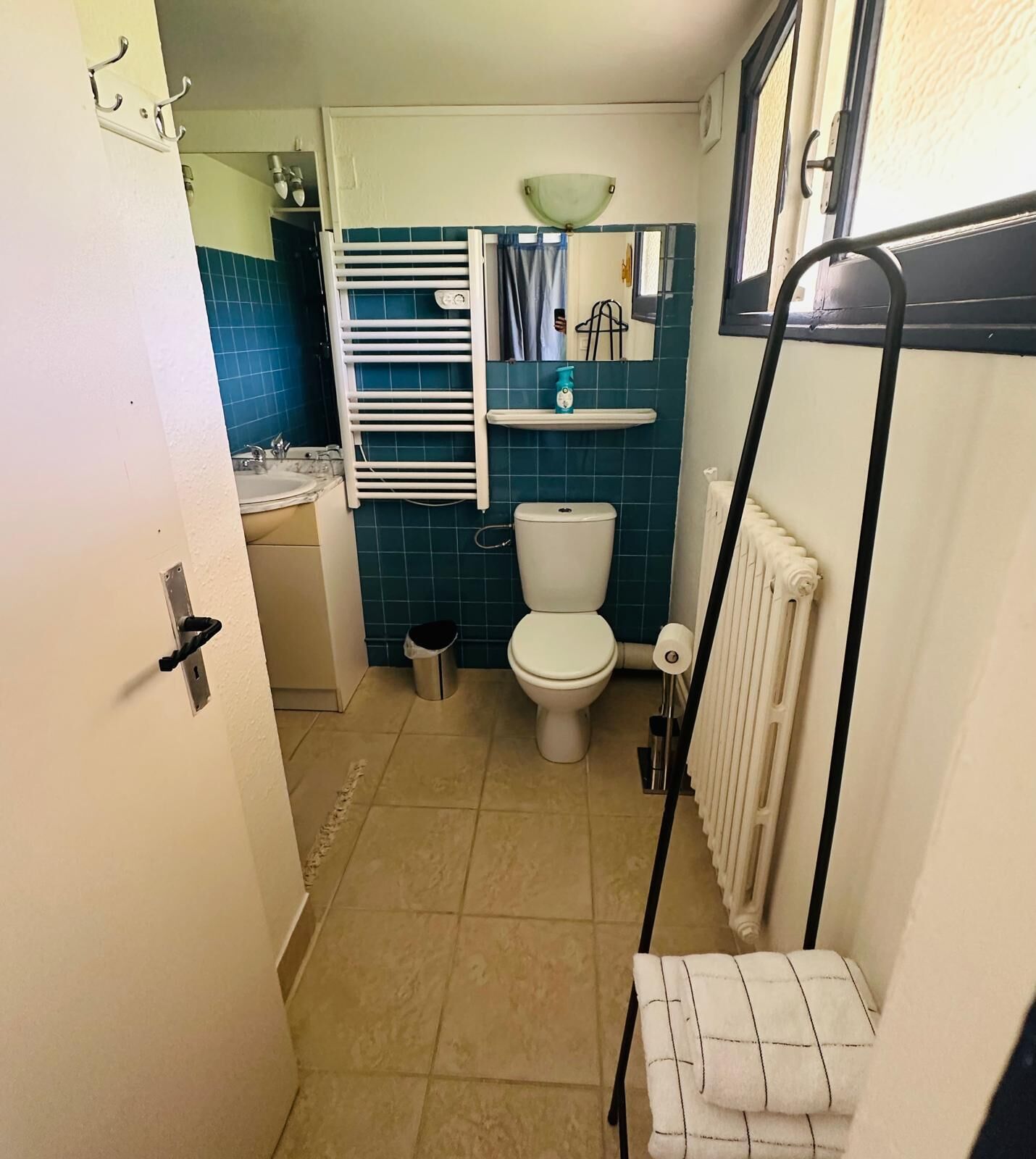 A compact bathroom with a toilet, a sink, a towel rack, and a radiator.