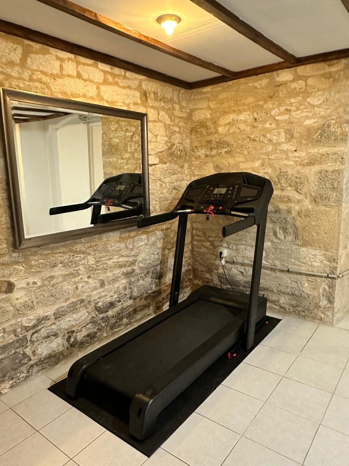 A treadmill in a room with stone walls and a mirror.