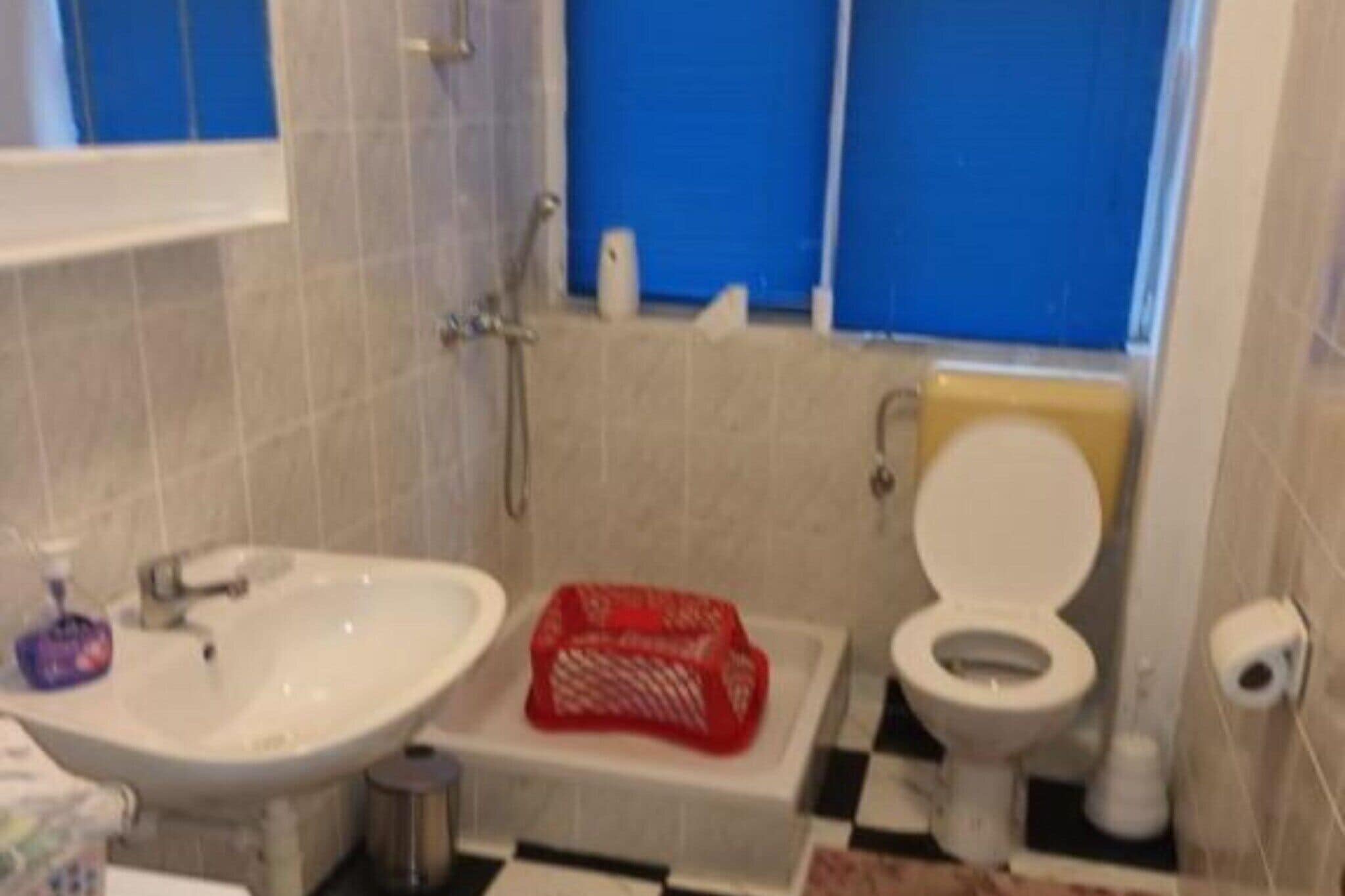 Kylpyhuone, jossa on pesuallas, wc ja suihku.