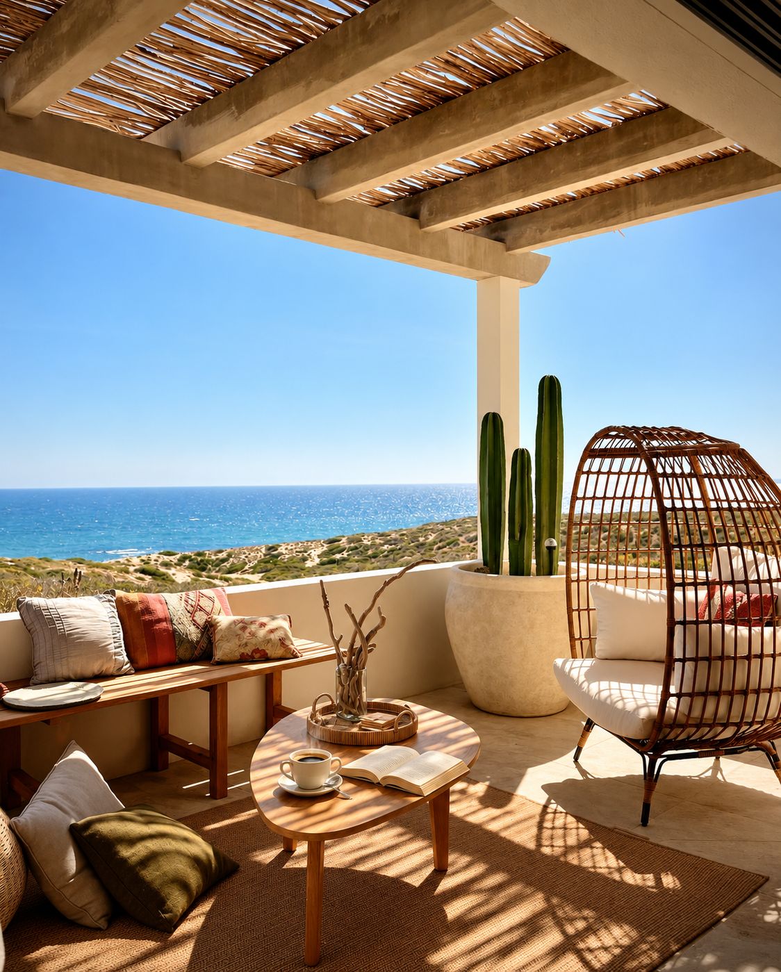 A terrace with a view of the sea, a cactus plant, a wicker chair, and a sofa with cushions.