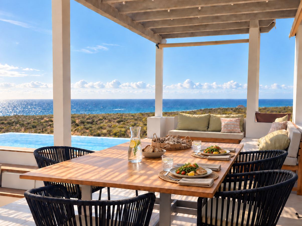 Una terraza con una mesa de madera lista para comer, con vistas a un paisaje costero.