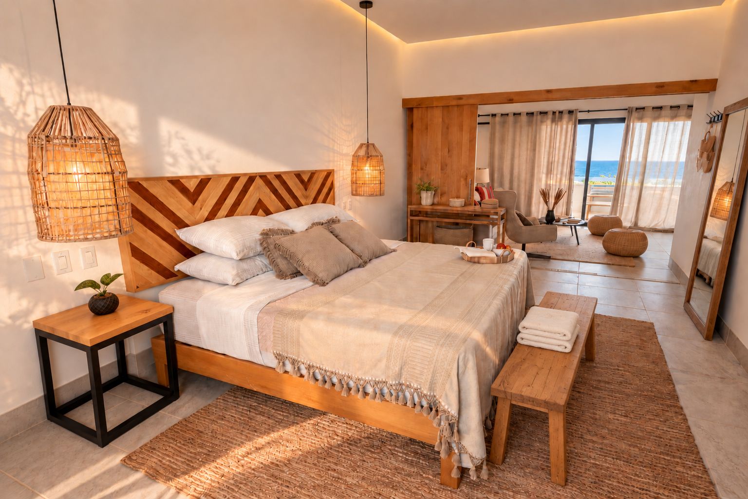 Un dormitorio con cama, mesitas de noche, un escritorio, una silla y vista a la playa.
