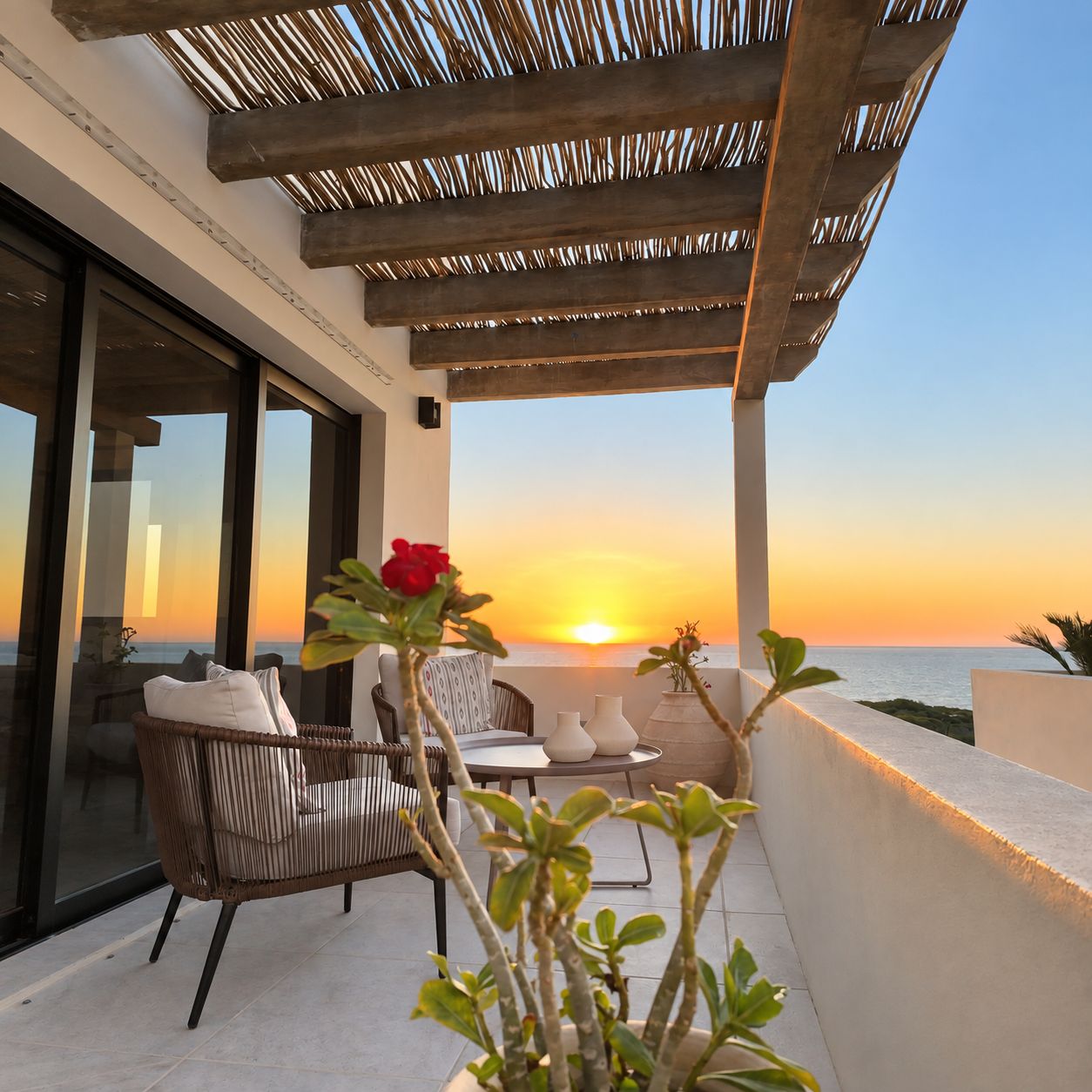Una terrazza con vista sul tramonto sul mare, arredi in vimini e piante in vaso.