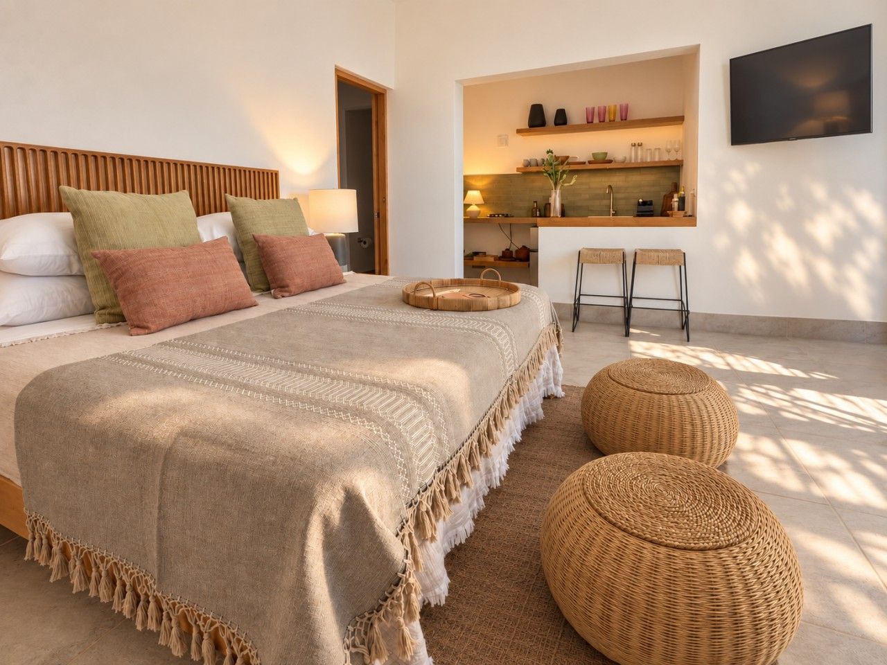A modern bedroom with a bed, bedside tables, a TV, and a kitchenette area.