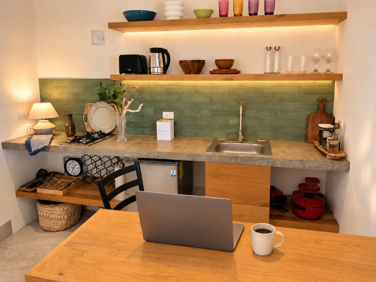 A compact kitchen with a laptop on the table, a coffee cup, and various kitchen utensils and appliances.