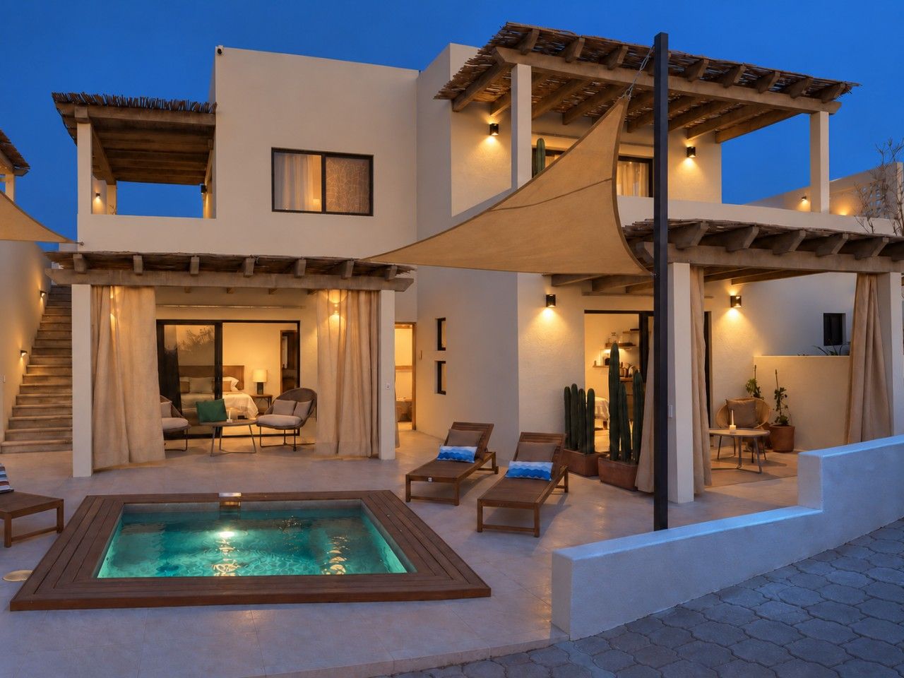 Ein zweistöckiges Gebäude mit Pool, Außenbereich und überdachter Terrasse.