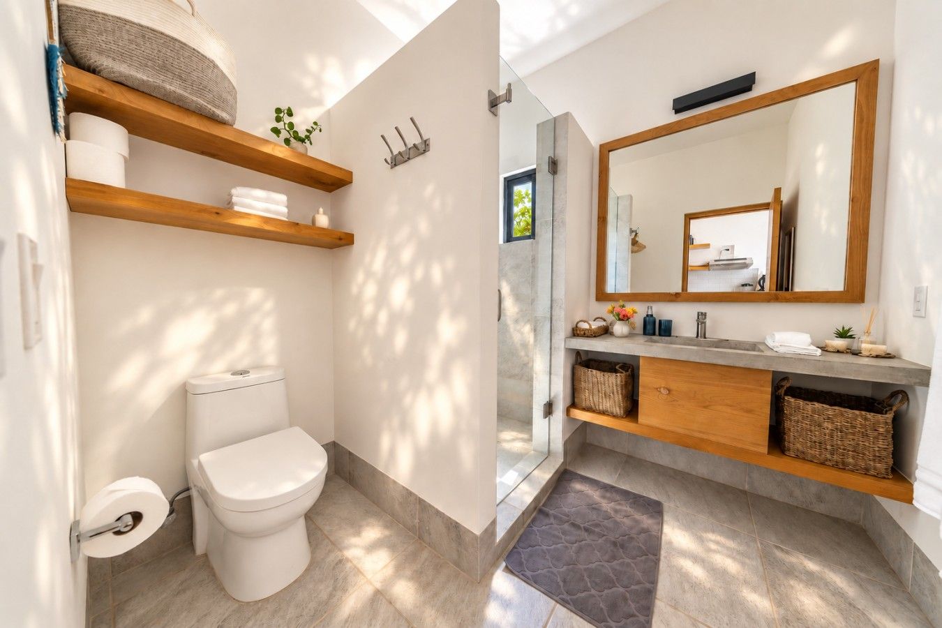 Un baño moderno con inodoro, estante y tocador con espejo.