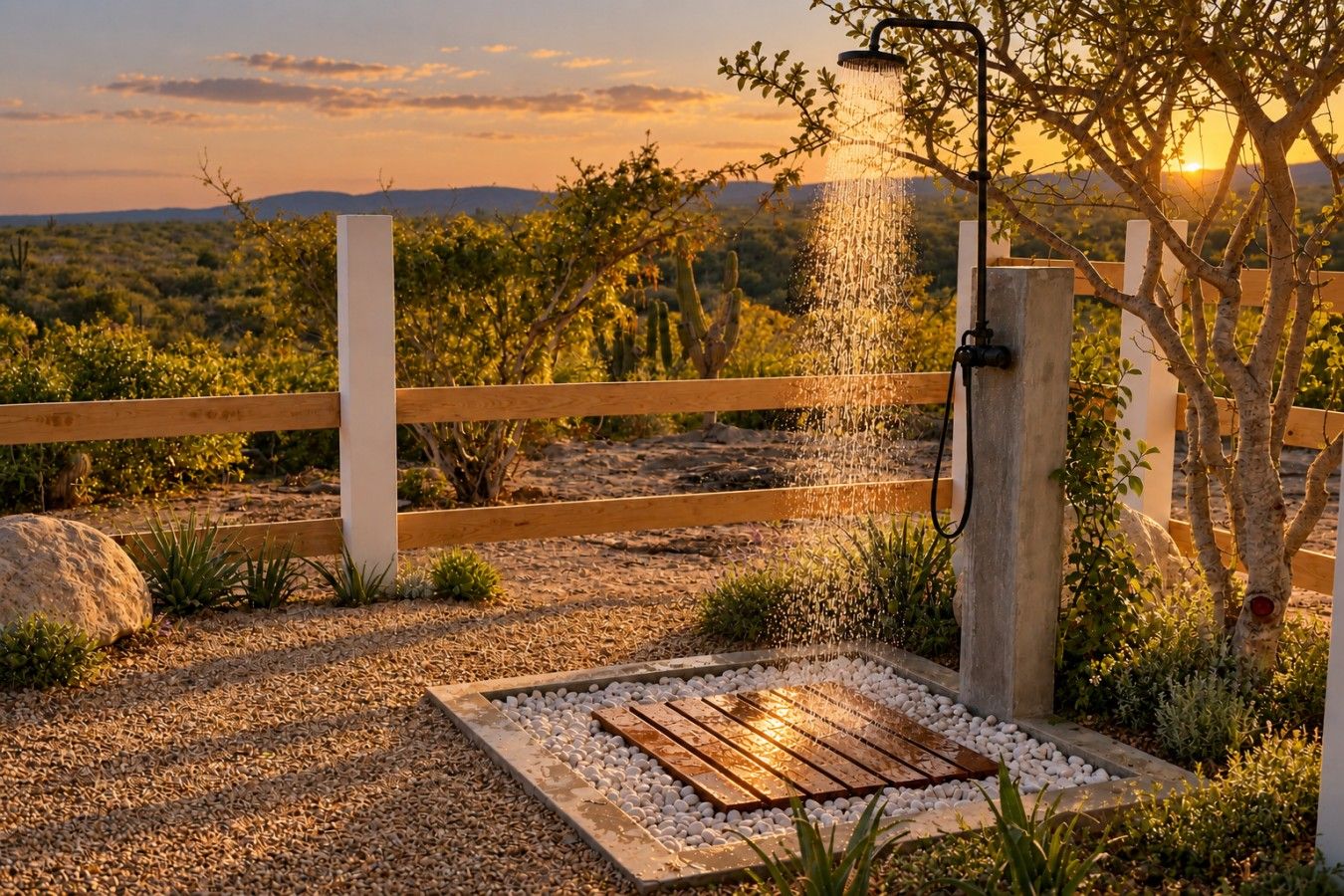 Une clôture en bois, un portail en métal et un élément décoratif aquatique dans un jardin aménagé, agrémenté de plantes typiques des régions désertiques.