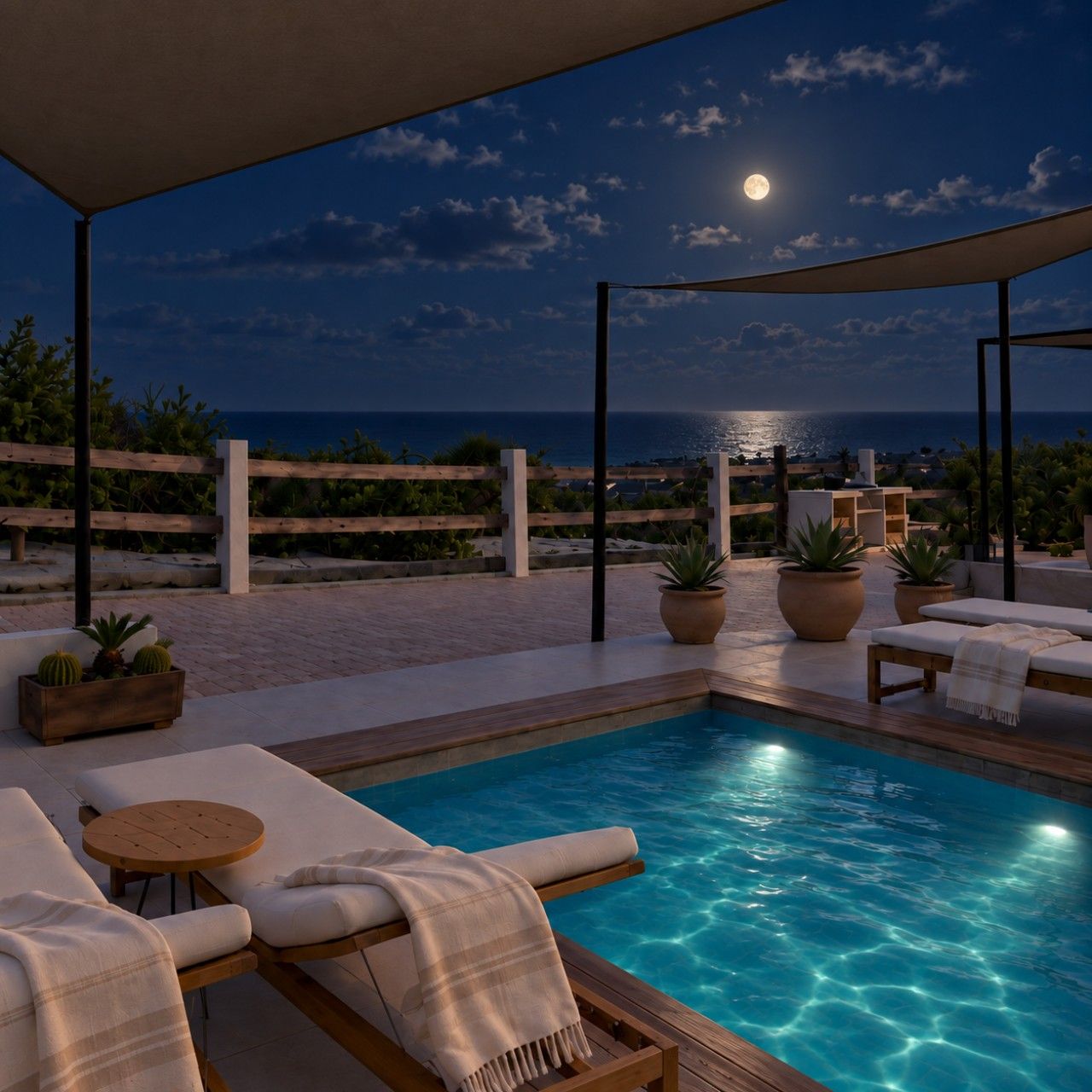 A poolside area with lounge chairs and a view of the ocean at night.