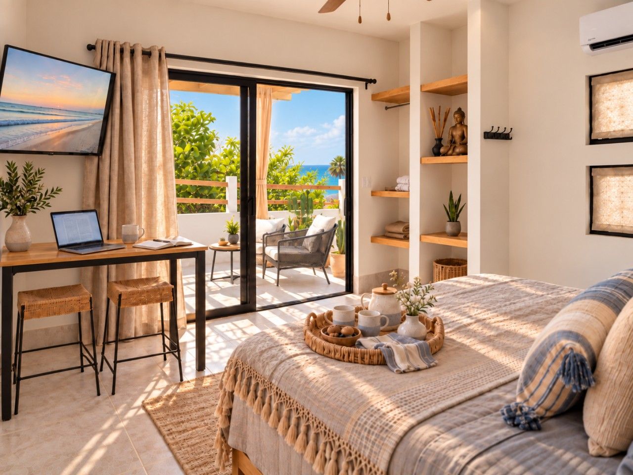 A bedroom with a bed, a desk with a laptop, a window with curtains, and a view of the outdoors.
