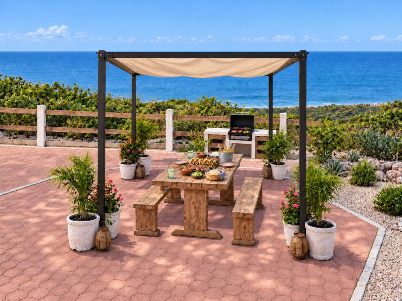 Een terras buiten met een houten tafel en banken, een barbecue en bloempotten.