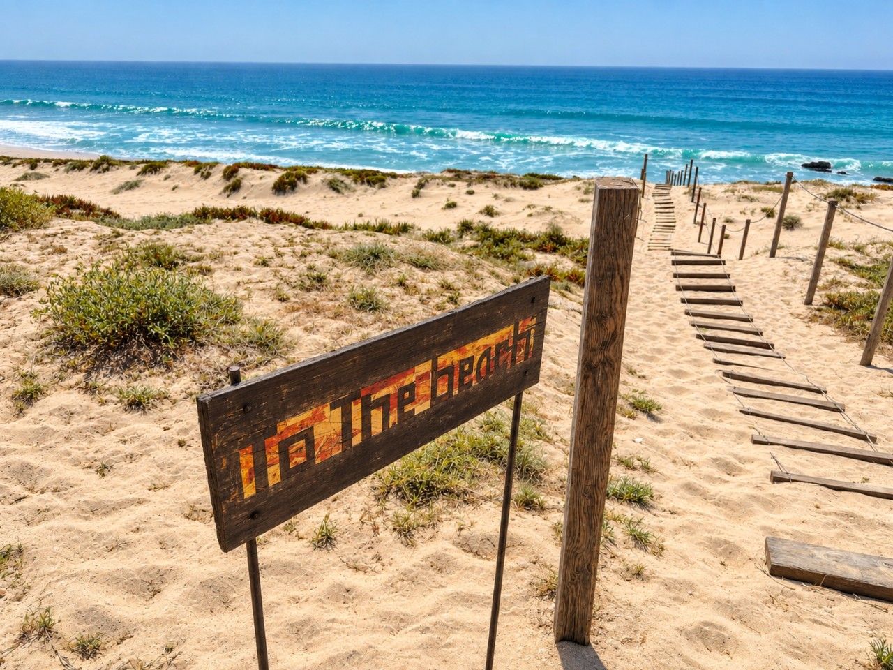 A wooden sign with the text 'The Heart' on a sandy beach with a wooden walkway leading to the ocean.