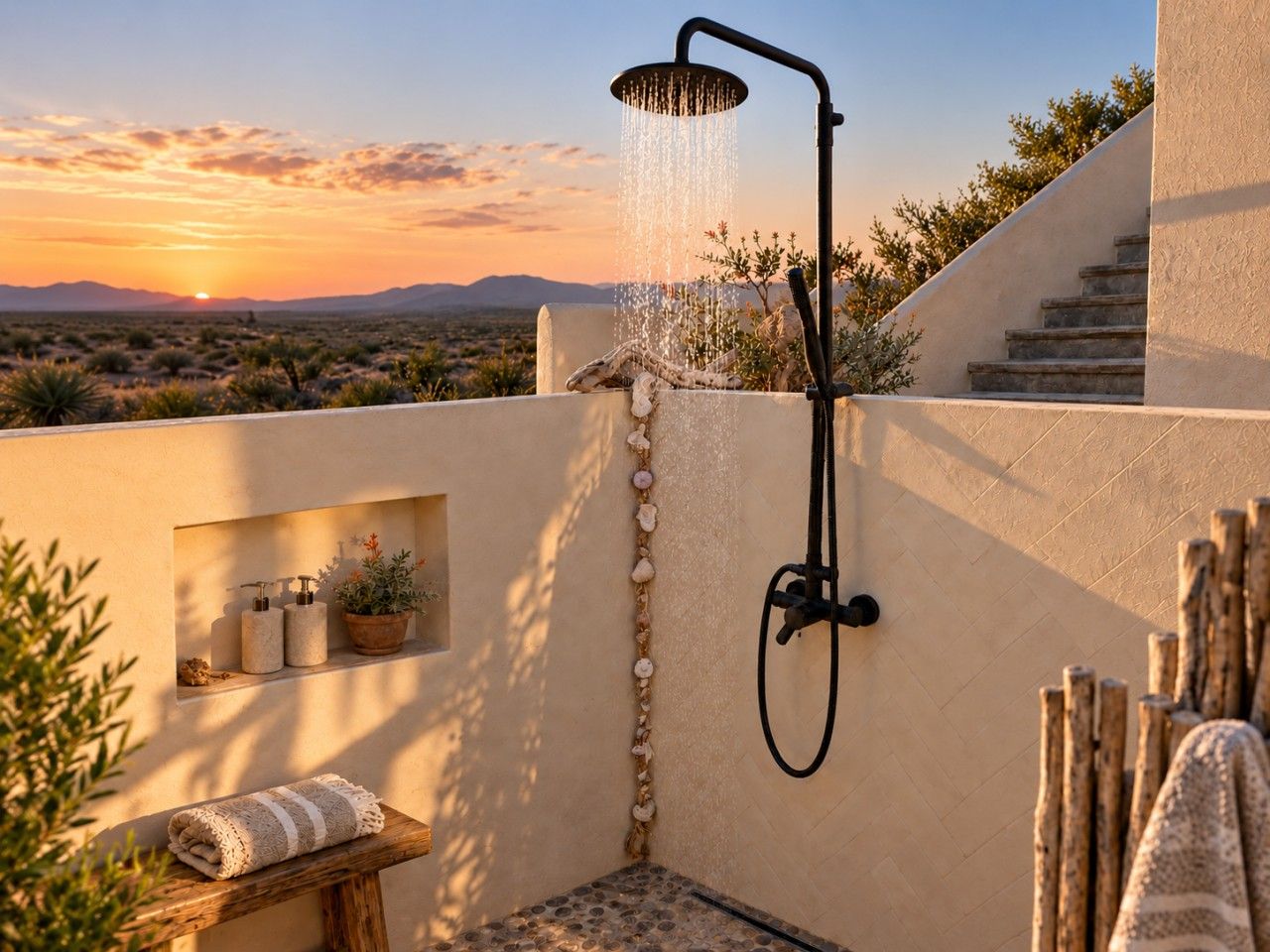 A shower with a view of the desert landscape at sunset.