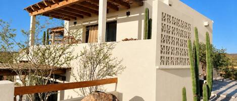 A modern building with a wooden pergola, cacti, and a rock.