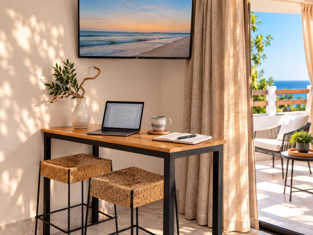A wooden table with a laptop, a mug, and a book, two woven stools, a vase with a plant, and a framed picture of a beach.