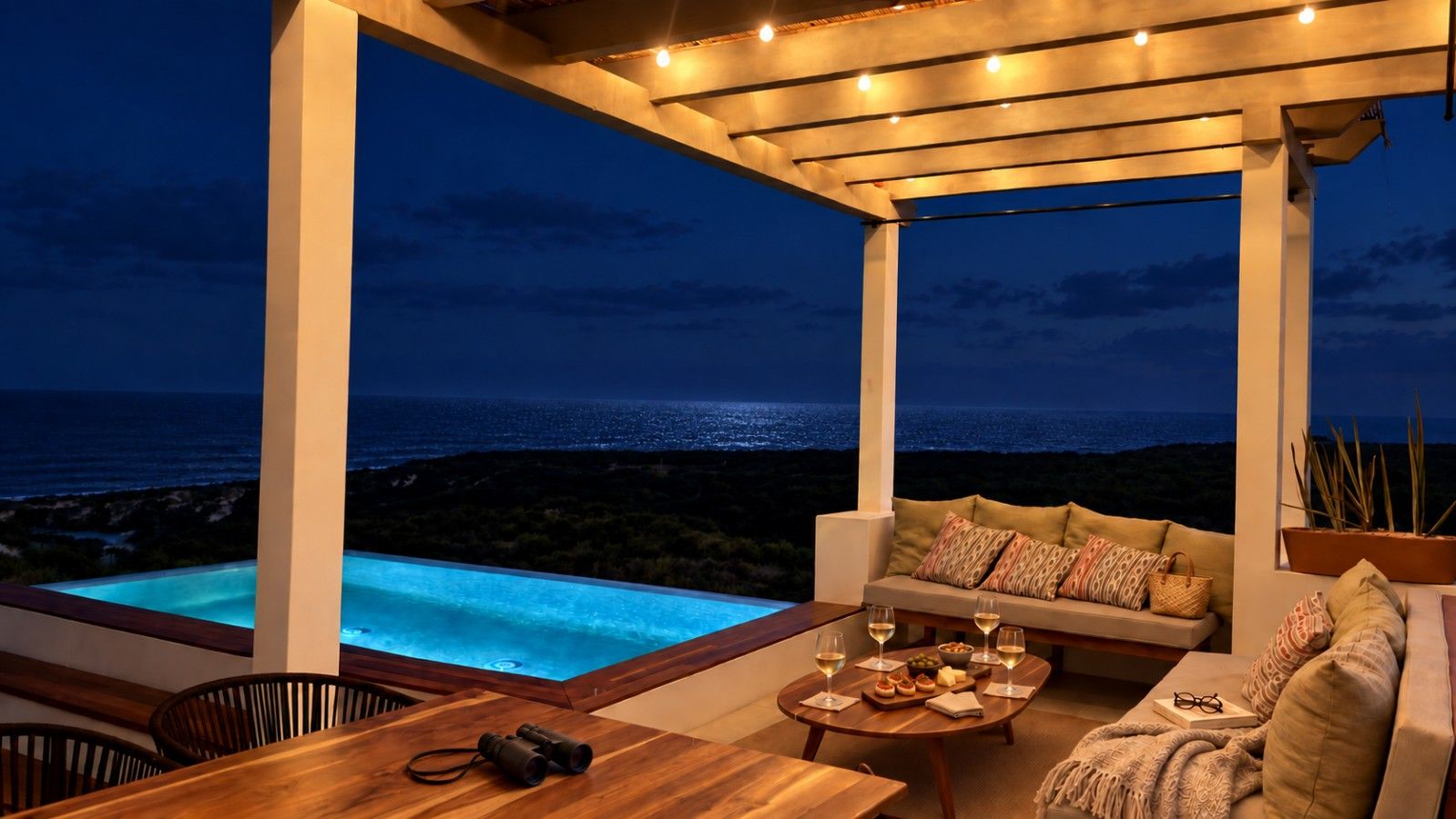 A covered outdoor seating area with a pool, a table with glasses and snacks, and a view of the ocean.