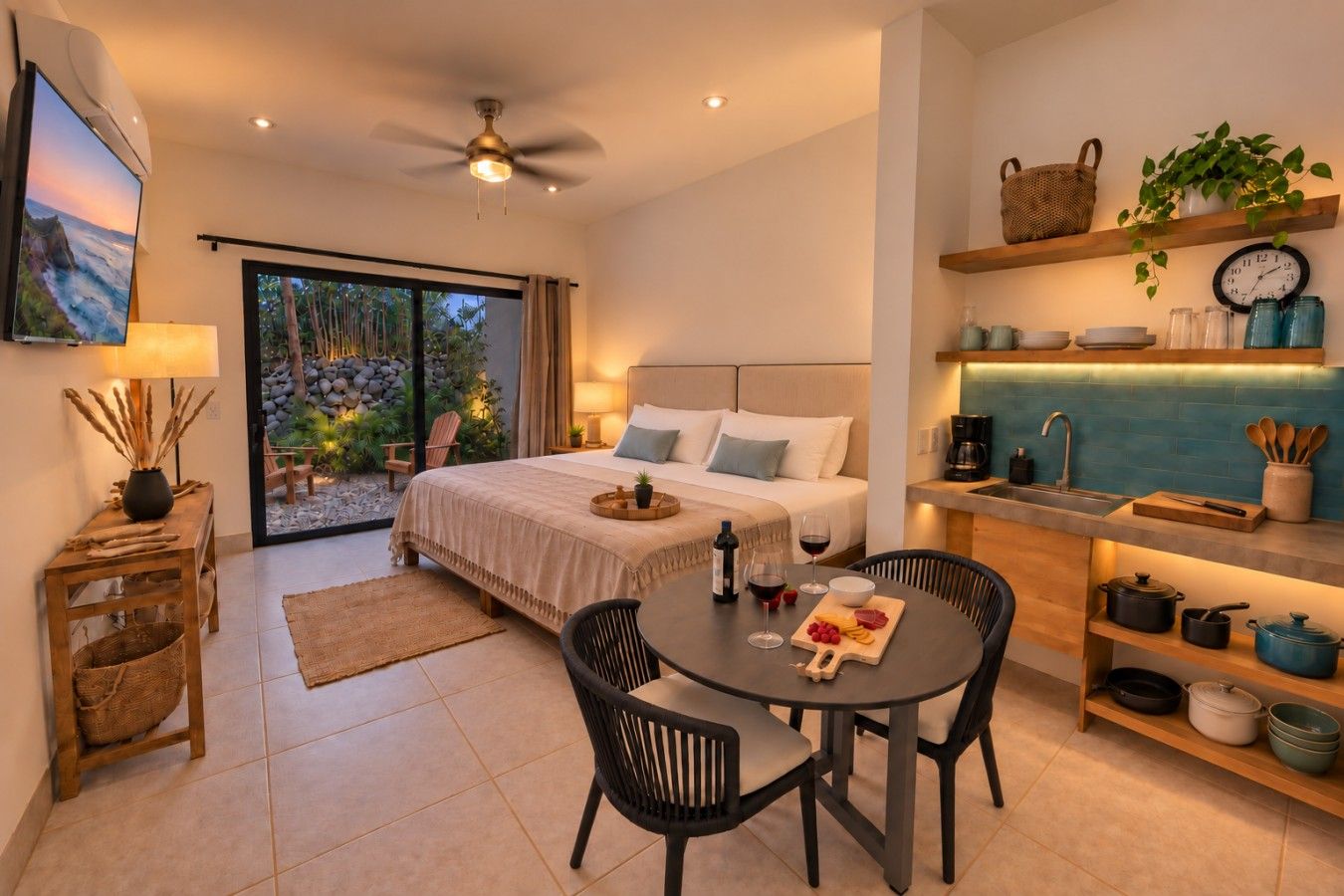 A modern bedroom with a bed, bedside table, and a view of a garden.