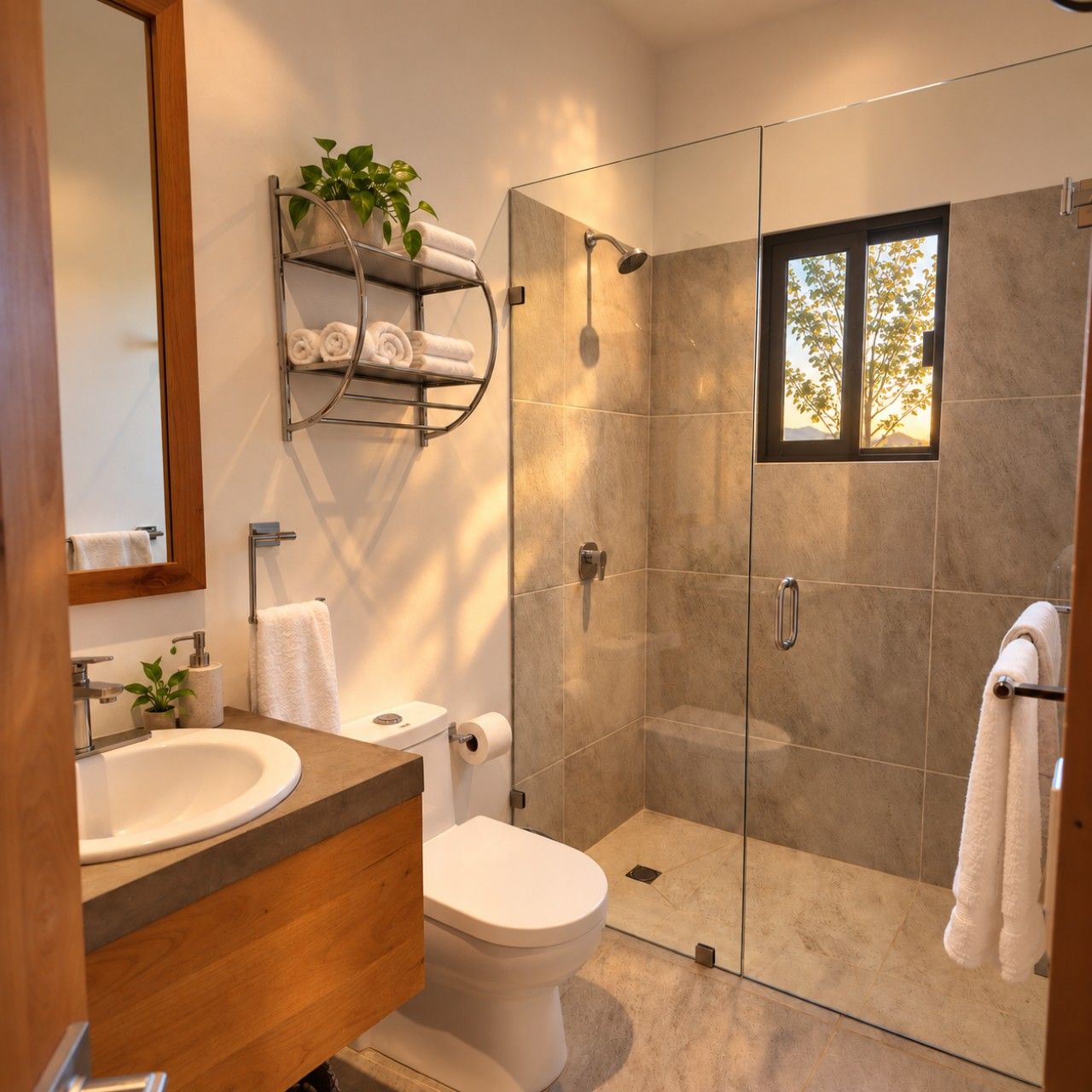 Un baño moderno con ducha envuelta en vidrio, tocador de madera, inodoro y un perchero con toallas enrolladas.