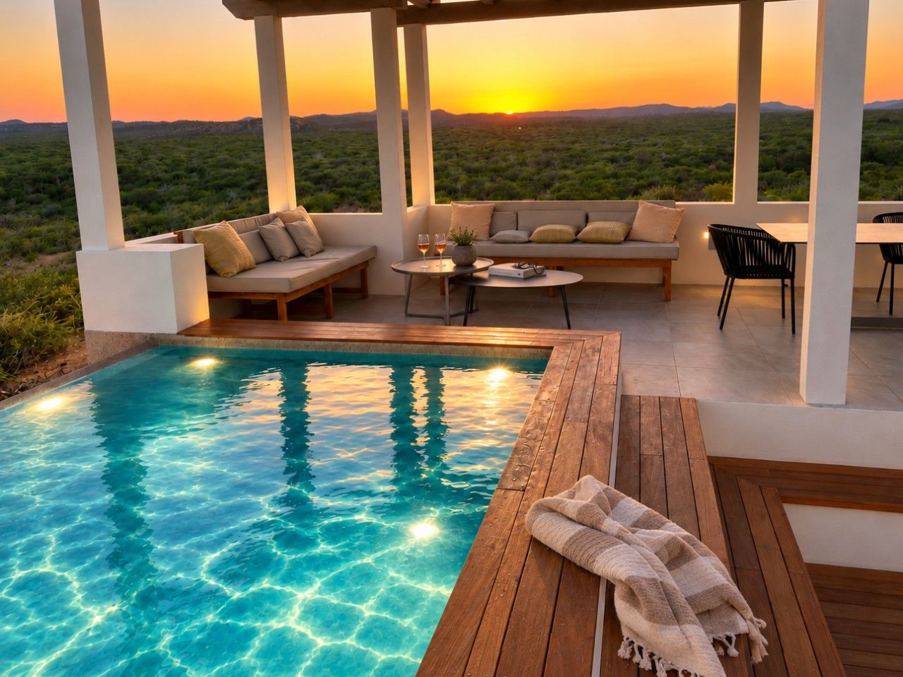 Ein Poolbereich mit Sonnenuntergangsblick, einer Holzterrasse und Sitzgelegenheiten im Freien.