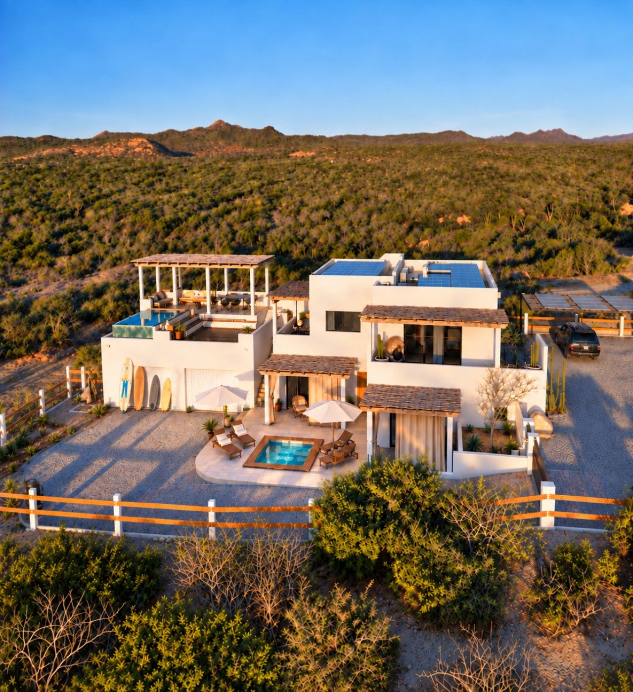 Une maison moderne à deux étages, dotée d’une piscine, d’un espace de détente extérieur et offrant une vue sur un paysage désertique.