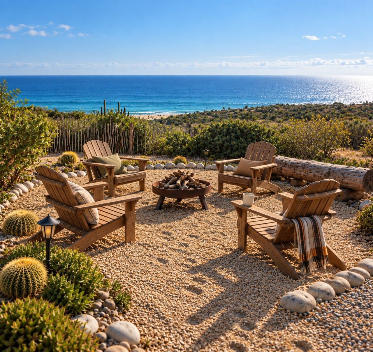 A desert garden with wooden furniture and a fire pit, surrounded by cacti and a view of the ocean.