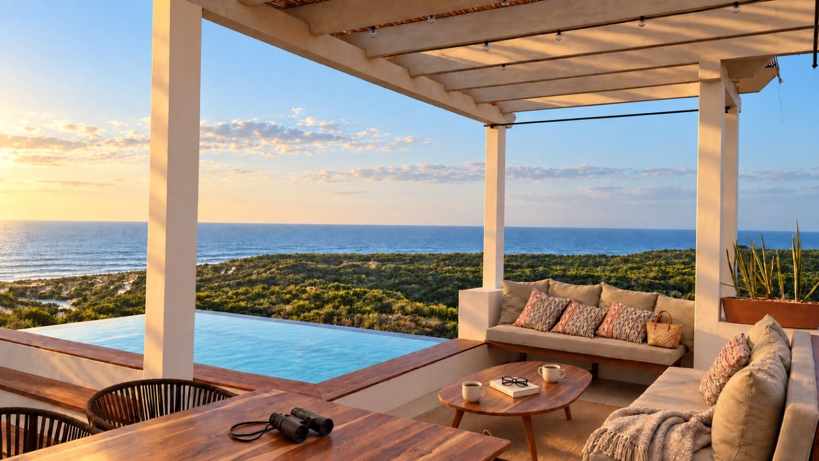 A covered outdoor seating area with a pool, overlooking a coastal landscape.
