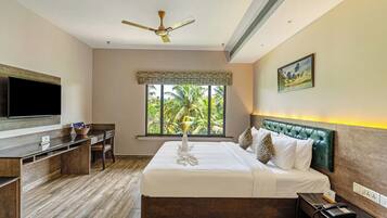 Individually furnished, desk, laptop workspace, iron/ironing board