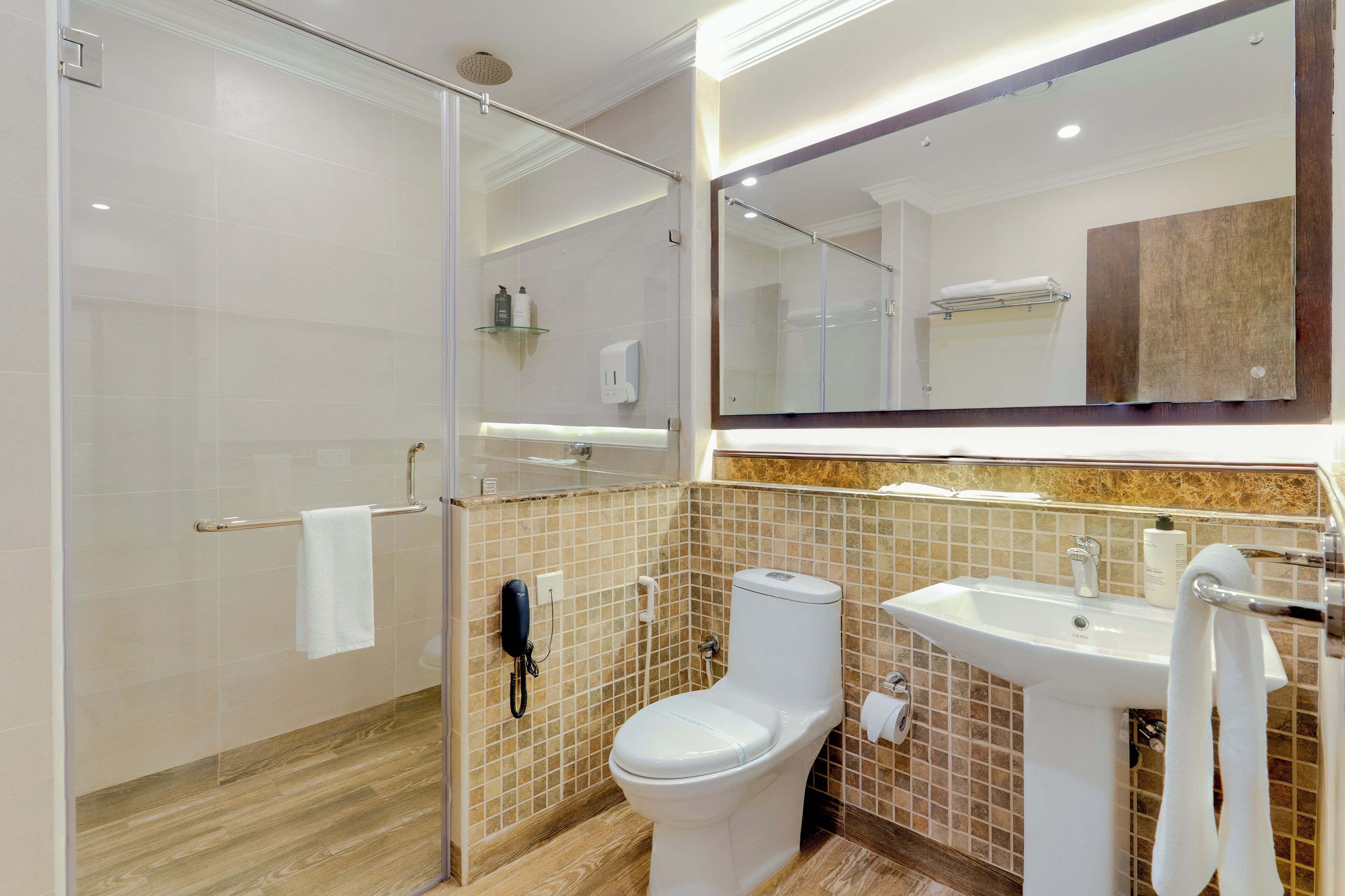 A modern bathroom with a glass-enclosed shower, a toilet, and a sink.