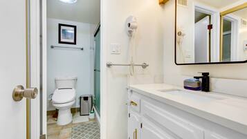 Shower, hair dryer, towels