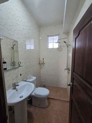Hair dryer, towels, soap, shampoo