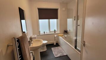 Hair dryer, towels, soap, toilet paper