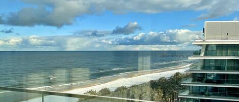 En moderne bygning med en glasfacade, der kigger ud over en strand og et ocean.
