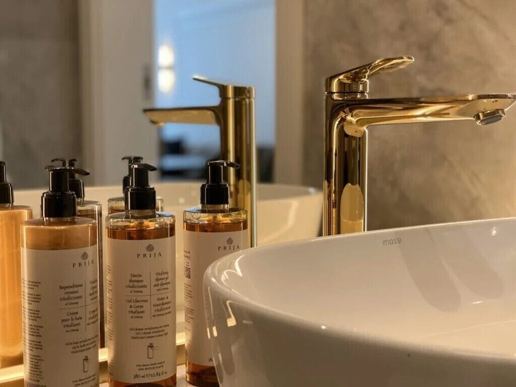 A bathroom with a white sink, gold faucets, and several bottles of PRIJJA skincare products.