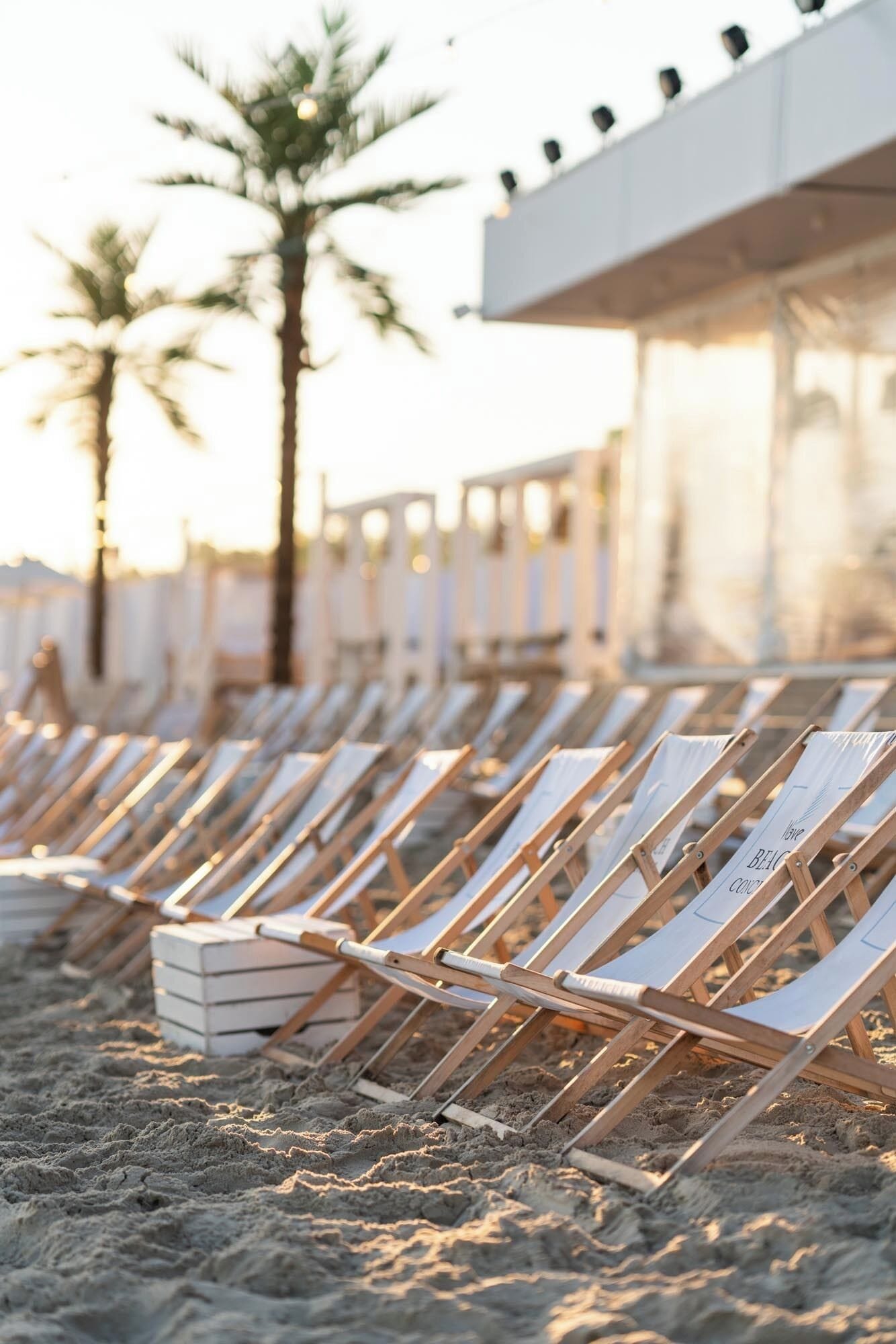 Rows of beach chairs with wooden frames and white cushions, arranged on sandy ground with palm trees in the background.
