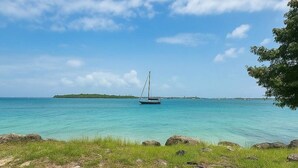 Un voilier sur une mer calme, sous un ciel dégagé, avec un premier plan verdoyant.