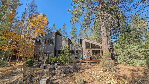 Une cabane moderne à deux étages, entourée d’une forêt aux couleurs automnales.