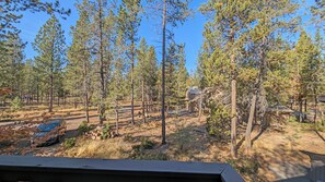A forested area with a dirt path, a small cabin, and a blue vehicle.