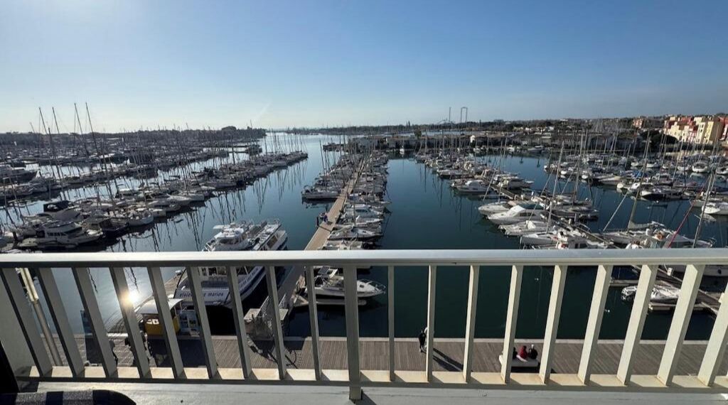 A marina with numerous boats docked in calm waters, a clear sky, and a distant cityscape.