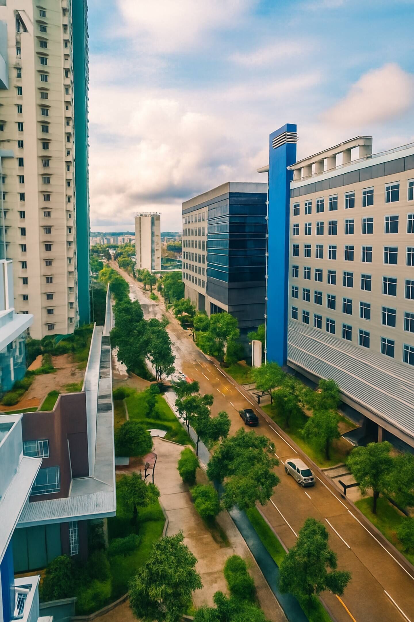A modern urban street with high-rise buildings, a clear road, and green trees.