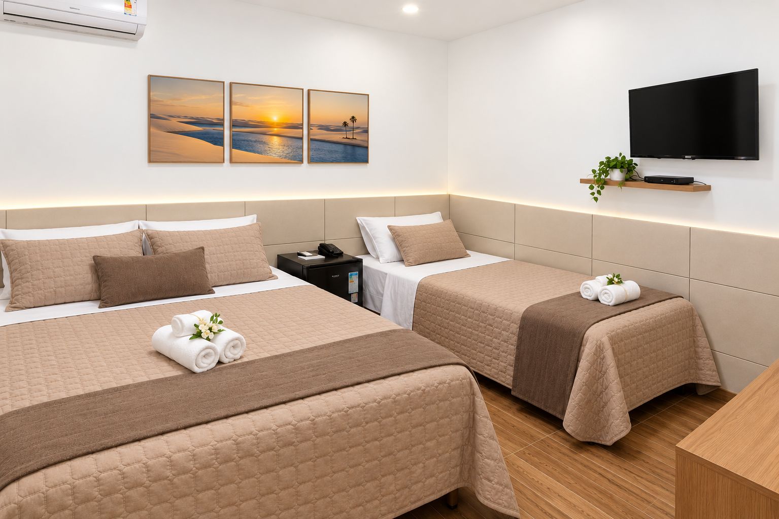 A hotel room with two beds, a flat-screen TV, a nightstand, and a wall-mounted shelf with a plant.
